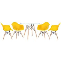 Loft7, Kit - Mesa de vidro Eames 100 cm + 4 cadeiras Eiffel Daw amarelo