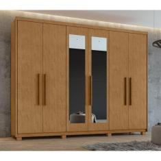 Guarda-roupa 6 Portas 5 Gavetas Áries com Espelho e com Pés Amêndoa Clean