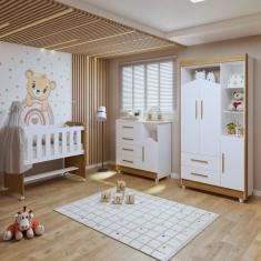 Quarto de Bebê Completo 100% Mdf com Guarda-roupa, Cômoda e Mini Berço Estelar Branco/Amadeirado