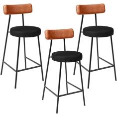 Kit 03 Banquetas Baixa Cozinha Sala Jantar Bancada Milão L02 Couríssimo Camel Preto