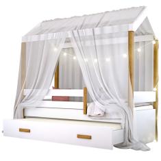 Cama Montessori Com Auxiliar Cordão Led E Dossel Branco