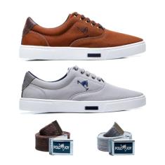 Kit 2 Tênis Casual Em Lona E 2 Cintos Polo Joy Cinza Claro E Marrom 40