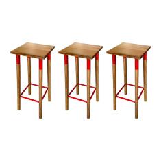 Kit 3 Banquetas Bistro Industrial Colors Ferro E Madeira Maciça - Vermelha Vermelho