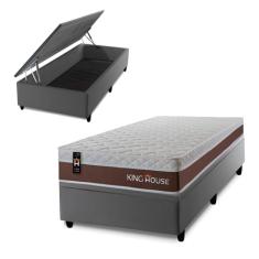 Conjunto Box Baú Cinza Venice Marrom 96x203x67 c/ Molas Ensacadas