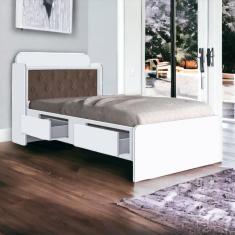 Cama Tamires Branco com Capitonê Nogal e Colchão
