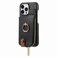 Carteira de couro com zíper e porta-cartões capa de telefone para iPhone 13 12 Mini 15 14 11 Pro Max XS XR X 7 8 Plus Capa com suporte de anel, preta, para iPhone 15 Pro