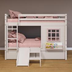 Beliche Infantil com Janela Gavetas e Escorregador Madeira Maciça Branco/ Rosa Housin