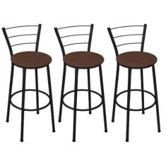 Kit 3 Banquetas Alta Preta com Assento Marrom Fortmix