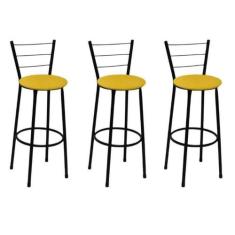 Kit 3 Banquetas Médias Preta com Encosto Assento Amarelo - Fortmix
