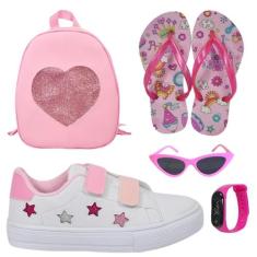 Tênis Infantil Feminino Estrela Detalhe Bordado Estiloso +Chinelo+Ócul