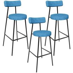 Kit 03 Banquetas Alta Bar Cozinha Sala De Jantar Estrutura Em Aço Milão L02 Linho Azul - Lyam Decor