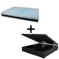 Cama Box Baú Casal 138 Bipartido - Tecido Sintético Preto com Colchão Berlim Bello Box - D23 Azul 58x138x188cm