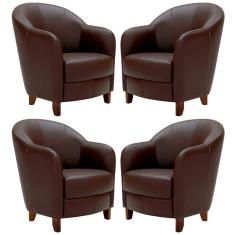 Kit 4 Poltronas Decorativas Sala de Estar Pés Madeira Kairós Couro Chocolate - Gran Belo