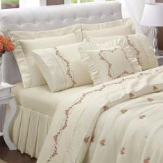 Jogo de Cama Queen 200 Fios Bordado Bouquet Palha 6pçs Enxováis