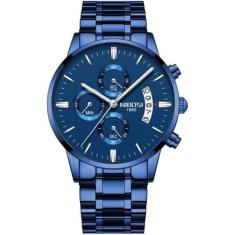 Relógio Nibosi 2309 Azul Em Aço Inoxidável Cronógrafo Funcional E Esto