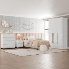 Guarda-Roupa Sevilha 3 Portas Cômoda 4 Gavetas Mesa de Cabeceira 2 Gavetas Branco