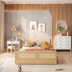 Cama Infantil Montessoriano Casal Lift em Madeira Maciça com Rattan Casatema Branco/Natural