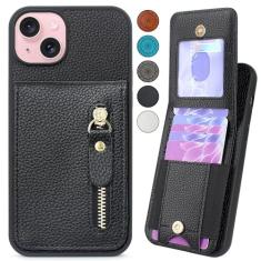 CMIDUS Capa carteira compatível com iPhone 15 / iPhone 14 / iPhone 13 de 6,1 polegadas com compartimentos elásticos para cartões, dinheiro, moeda, bolso com zíper, fecho magnético, capa flip para