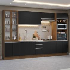 Armário de Cozinha Completa 340cm Rustic/Preto Glamy Madesa 01, Rustic