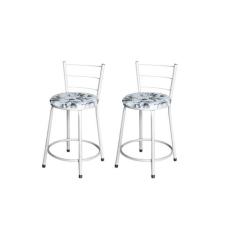 Jogo 2 Banqueta Baixa Para Cozinha Epoxi Branca Estofado Floral - Lama