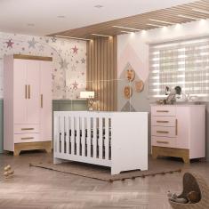 Quarto de Bebê com Guarda Roupa 3 Porta 2 Gavetas Cômoda 4 Gavetas 1 Porta e Berço 3 em 1 Catavento Maya Rodial
