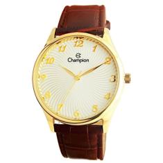 Relogio Masculino Couro e Dourado Anaógico Social Champion