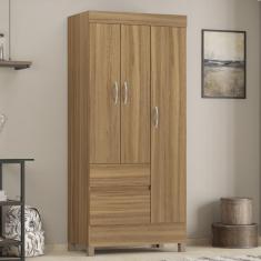 Guarda Roupa Solteiro Castro 3 Portas de Bater 2 Gavetas MDP Amêndola Touch Demóbile