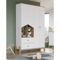 Guarda Roupa Infantil Solteiro Ambiente Ternura 4 Portas de Bater 2 Gavetas MDP e MDF Branco Jequitibá HP Móveis Henn