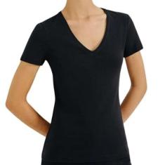 Blusa Básica Feminina Decote V Com Elastano - Azul M-Feminino