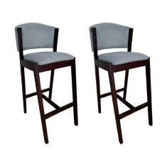 Kit 2 Banquetas Alta de Madeira Maciça Castanho Premium Ana com Encosto Linho Cinza