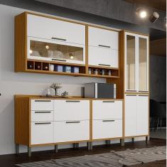 Cozinha Modulada Completa com 5 Peças 11 Portas e Vidro Reflecta 100% Mdf Vicenza Espresso Móveis Amêndoa/Branco