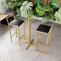 Jogo Mesa Alta Bistrô Quadrada Vidro 2 Banquetas Estofado Confort Indu