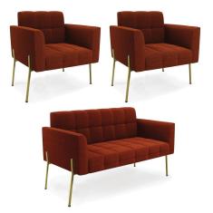 Namoradeira E 2 Poltronas Pé De Ferro Dourado Elisa Bouclê Terra D03 - D'rossi