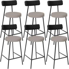 Kit 06 Banquetas Baixa Bar Cozinha Sala Jantar Milão L02 Couríssimo Preto Linho Bege - Lyam Decor