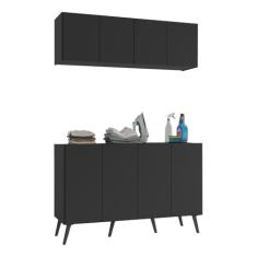 Conjunto Lavanderia Retrô Multiuso Armário Aéreo e Balcão 4 Portas Multimóveis Mp5053 Preto