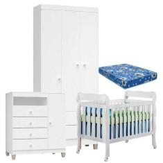 Quarto De Bebê 3 Portas Ternura Baby Com Berço Lila Branco Brilho Com 