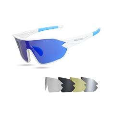COMAXSUN Óculos de sol polarizados para ciclismo com 5 lentes intercambiáveis para homens e mulheres óculos esportivos anti-UV400 (branco azul)