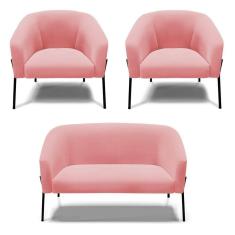 Sofá Namoradeira E 2 Poltronas Pé De Ferro Preto Stella Suede Rosê D03 - D`rossi