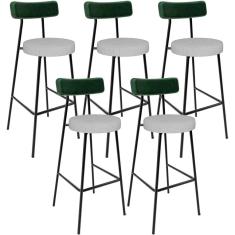Kit 05 Banquetas Alta Cozinha Bar Sala De Jantar Milão L02 Facto Verde Musgo Linho Cinza