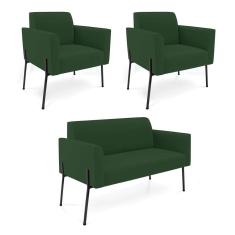 Sofá Namoradeira 2 Poltronas Pé de Ferro Preto Marisa Veludo Verde D03 - D`Rossi