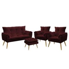 Namoradeira e 2 Poltronas Beta com Puff Lunar Veludo Aradecor, Bordô, 