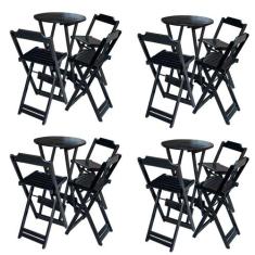 Kit 4 Jogos de Mesa Bistrô de Madeira Dobrável com 3 Banquetas - Preto