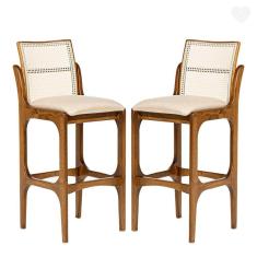 Kit 2 Banquetas para Cozinha Americana Lisboa Encosto Rattan Madeira Imbuia Linho Bege M58 RMI