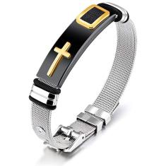 Pulseira Masculina Bracelete Malha de Aço Cruz Preta Dourada