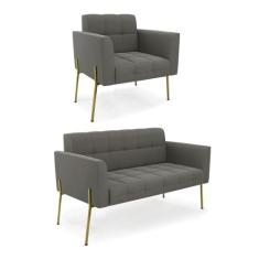 Sofá Namoradeira e Poltrona Pé de Ferro Dourado Elisa Suede D03 - D'Ro