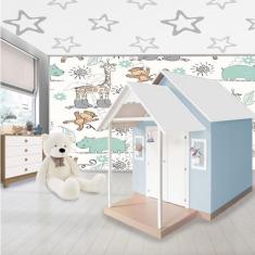 Casinha de Brinquedo Artesanal MDF com Telhado Branco/Azul Bebê L12 - Gran Belo