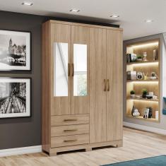 Guarda-roupa Solteiro 4 Portas 3 Gavetas com Espelho Caju Jequitibá Brilho