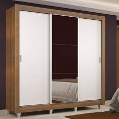 Guarda Roupa Casal Madesa Lyon 3 Portas de Correr com Espelho 2 Gavetas com Pés - Rustic/Branco