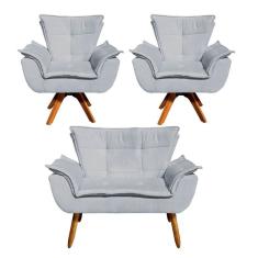 Kit Namoradeira E 2 Poltronas Base Giratória Madeira Opla Suede Cinza - Ibiza