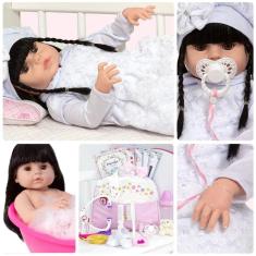 Boneca Tipo Reborn Realista Morena Corpo De Vinil Itens Luxo